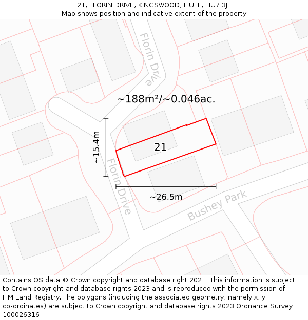 21, FLORIN DRIVE, KINGSWOOD, HULL, HU7 3JH: Plot and title map