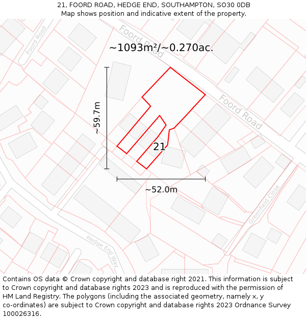 21, FOORD ROAD, HEDGE END, SOUTHAMPTON, SO30 0DB: Plot and title map