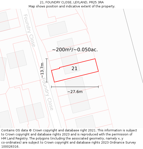 21, FOUNDRY CLOSE, LEYLAND, PR25 3RA: Plot and title map