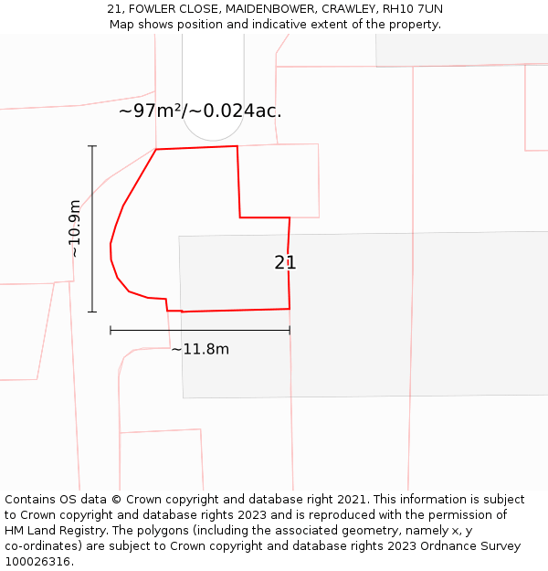21, FOWLER CLOSE, MAIDENBOWER, CRAWLEY, RH10 7UN: Plot and title map