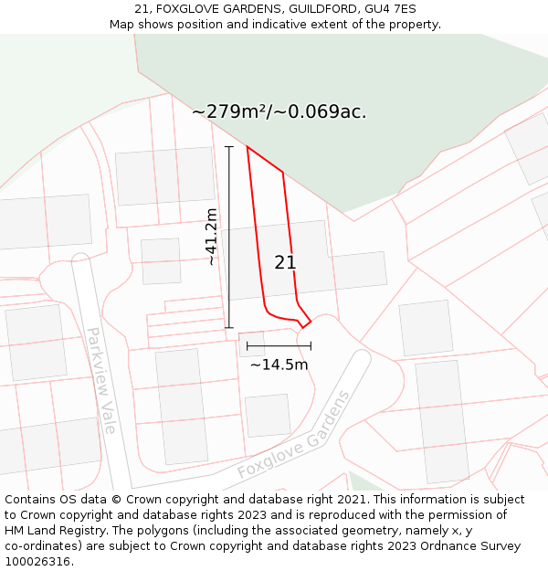 21, FOXGLOVE GARDENS, GUILDFORD, GU4 7ES: Plot and title map