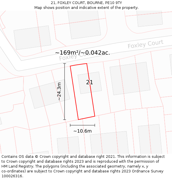 21, FOXLEY COURT, BOURNE, PE10 9TY: Plot and title map