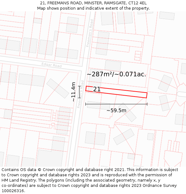 21, FREEMANS ROAD, MINSTER, RAMSGATE, CT12 4EL: Plot and title map