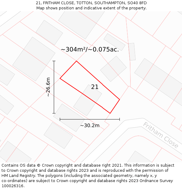 21, FRITHAM CLOSE, TOTTON, SOUTHAMPTON, SO40 8FD: Plot and title map