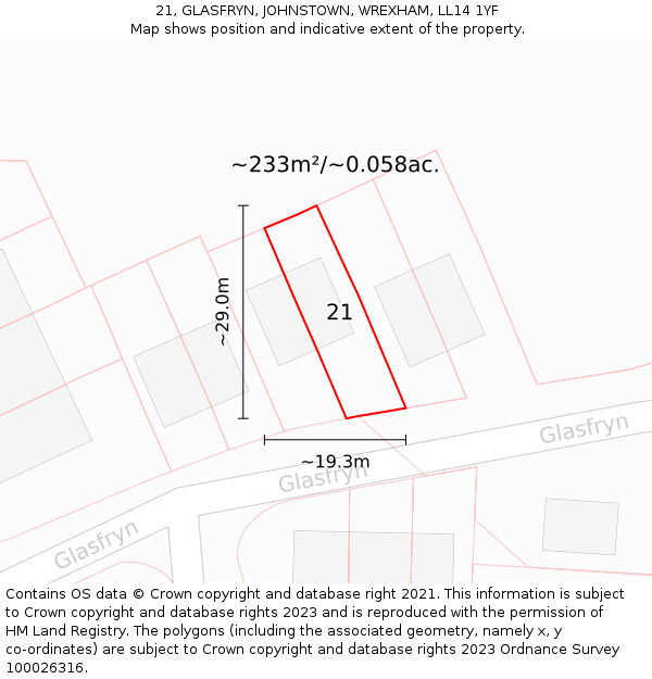 21, GLASFRYN, JOHNSTOWN, WREXHAM, LL14 1YF: Plot and title map