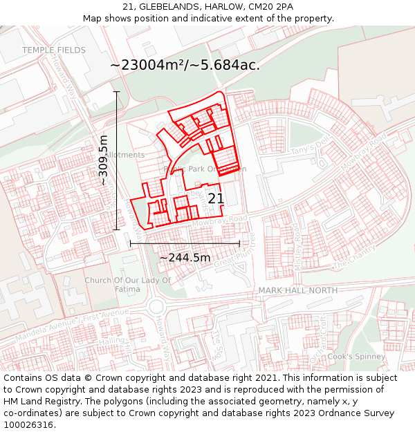 21, GLEBELANDS, HARLOW, CM20 2PA: Plot and title map