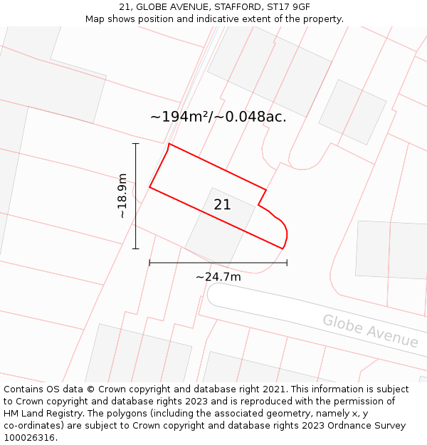 21, GLOBE AVENUE, STAFFORD, ST17 9GF: Plot and title map