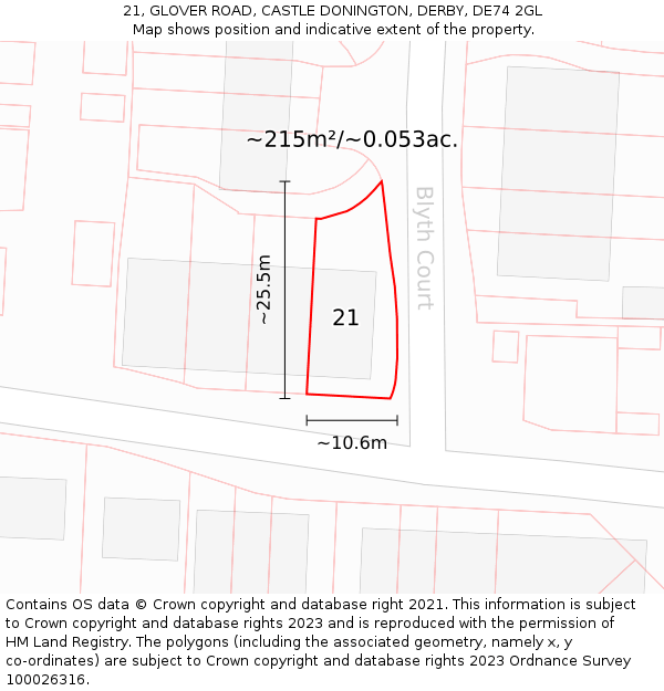 21, GLOVER ROAD, CASTLE DONINGTON, DERBY, DE74 2GL: Plot and title map