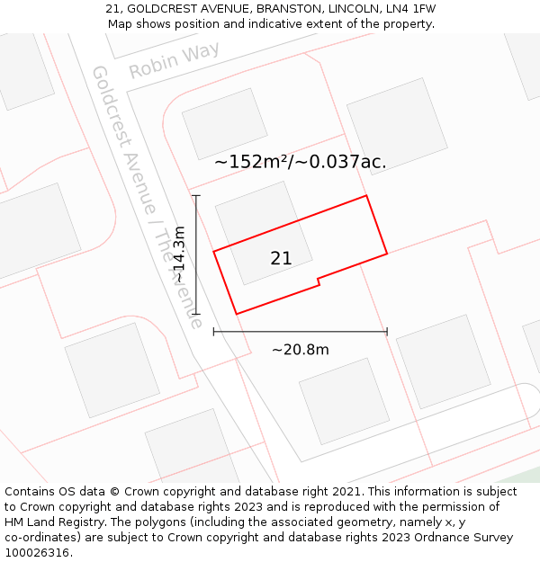 21, GOLDCREST AVENUE, BRANSTON, LINCOLN, LN4 1FW: Plot and title map