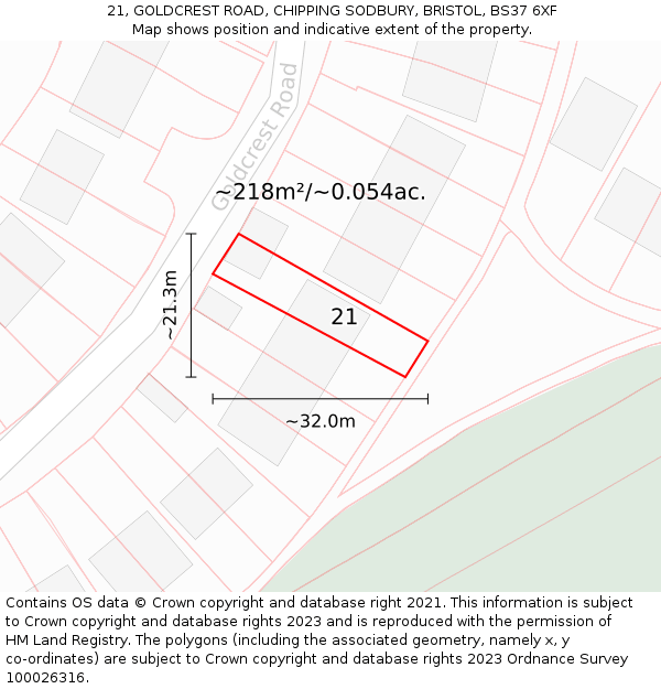 21, GOLDCREST ROAD, CHIPPING SODBURY, BRISTOL, BS37 6XF: Plot and title map