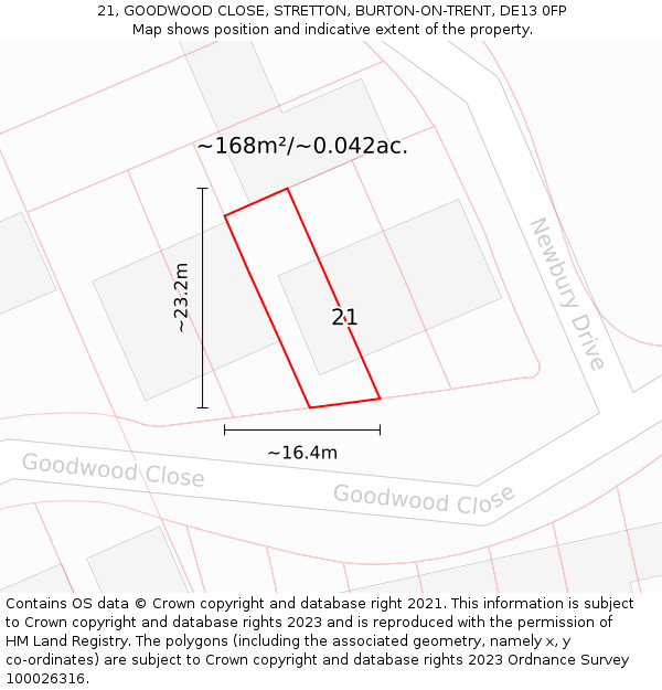 21, GOODWOOD CLOSE, STRETTON, BURTON-ON-TRENT, DE13 0FP: Plot and title map