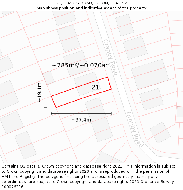 21, GRANBY ROAD, LUTON, LU4 9SZ: Plot and title map