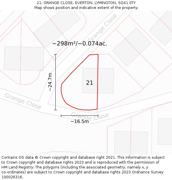 21, GRANGE CLOSE, EVERTON, LYMINGTON, SO41 0TY: Plot and title map