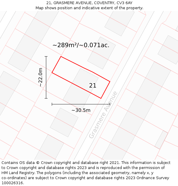 21, GRASMERE AVENUE, COVENTRY, CV3 6AY: Plot and title map