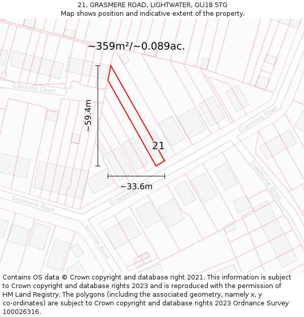 21, GRASMERE ROAD, LIGHTWATER, GU18 5TG: Plot and title map