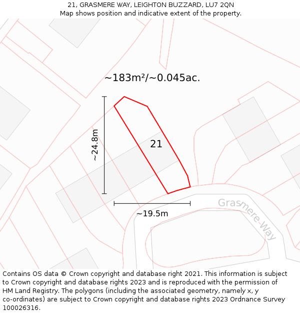 21, GRASMERE WAY, LEIGHTON BUZZARD, LU7 2QN: Plot and title map