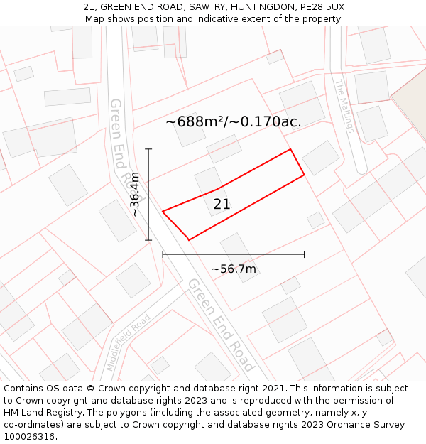 21, GREEN END ROAD, SAWTRY, HUNTINGDON, PE28 5UX: Plot and title map