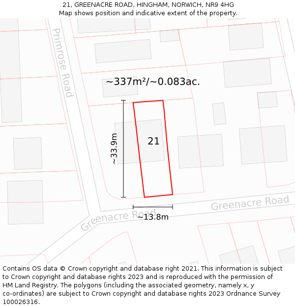 21, GREENACRE ROAD, HINGHAM, NORWICH, NR9 4HG: Plot and title map