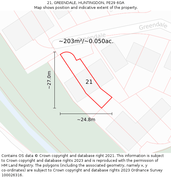 21, GREENDALE, HUNTINGDON, PE29 6GA: Plot and title map