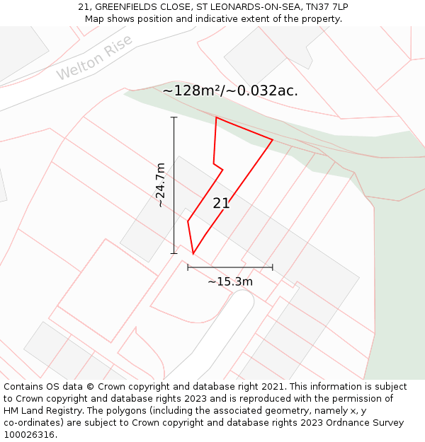 21, GREENFIELDS CLOSE, ST LEONARDS-ON-SEA, TN37 7LP: Plot and title map