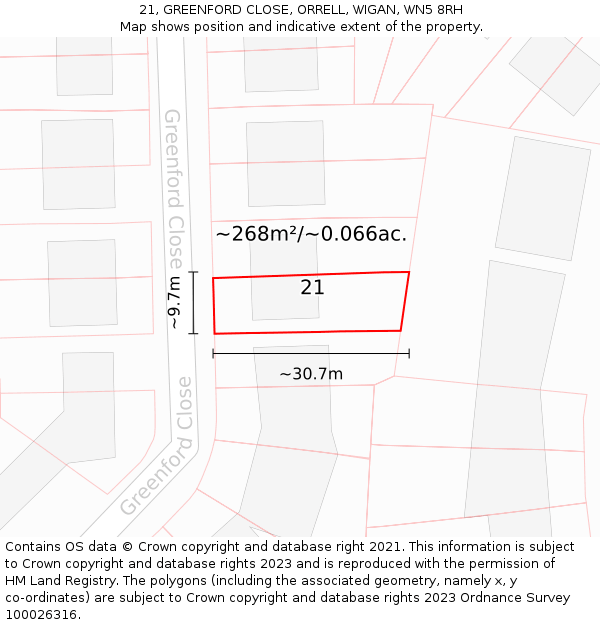 21, GREENFORD CLOSE, ORRELL, WIGAN, WN5 8RH: Plot and title map