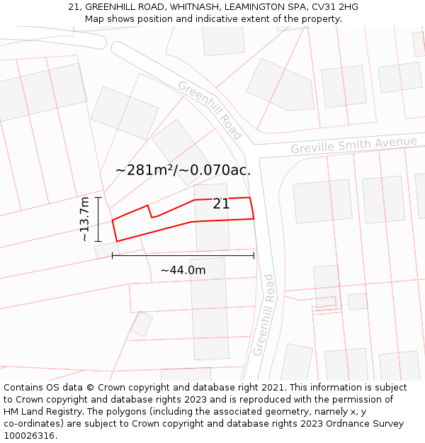 21, GREENHILL ROAD, WHITNASH, LEAMINGTON SPA, CV31 2HG: Plot and title map