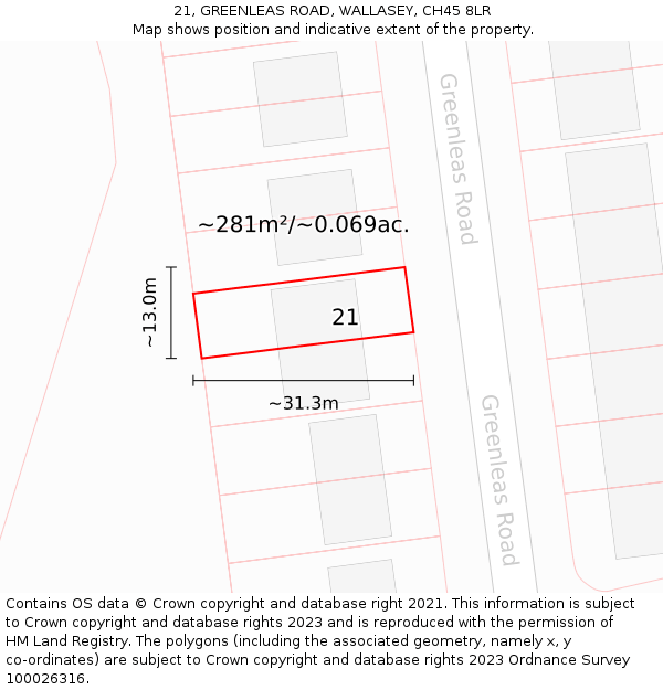 21, GREENLEAS ROAD, WALLASEY, CH45 8LR: Plot and title map