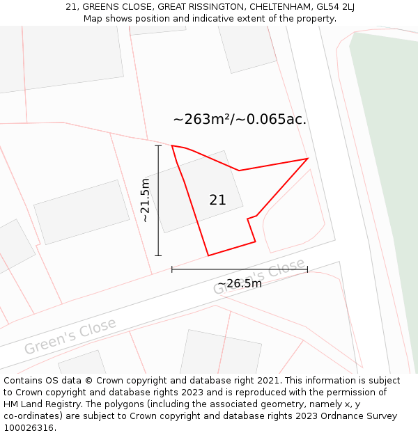 21, GREENS CLOSE, GREAT RISSINGTON, CHELTENHAM, GL54 2LJ: Plot and title map