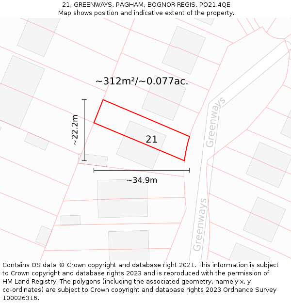 21, GREENWAYS, PAGHAM, BOGNOR REGIS, PO21 4QE: Plot and title map