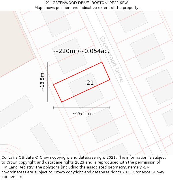 21, GREENWOOD DRIVE, BOSTON, PE21 9EW: Plot and title map