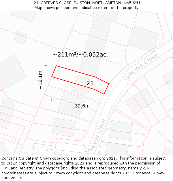 21, GREEVES CLOSE, DUSTON, NORTHAMPTON, NN5 6YU: Plot and title map