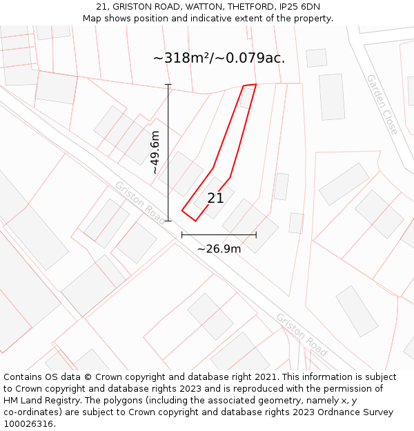 21, GRISTON ROAD, WATTON, THETFORD, IP25 6DN: Plot and title map