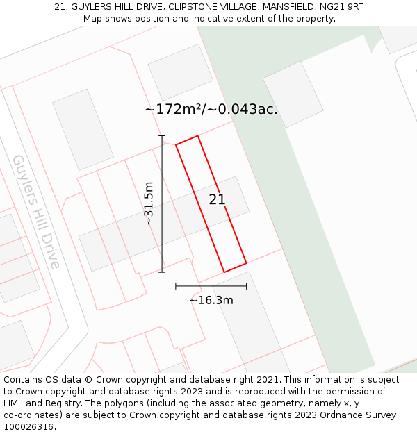 21, GUYLERS HILL DRIVE, CLIPSTONE VILLAGE, MANSFIELD, NG21 9RT: Plot and title map