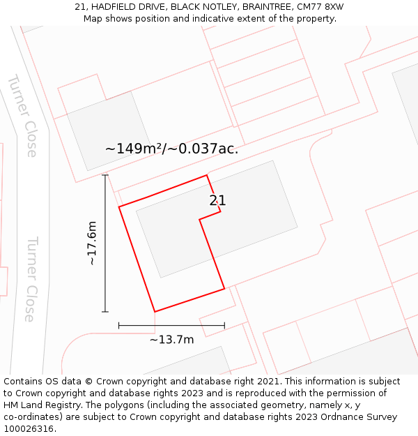 21, HADFIELD DRIVE, BLACK NOTLEY, BRAINTREE, CM77 8XW: Plot and title map