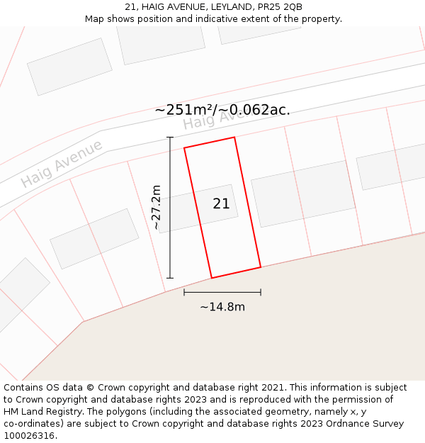 21, HAIG AVENUE, LEYLAND, PR25 2QB: Plot and title map