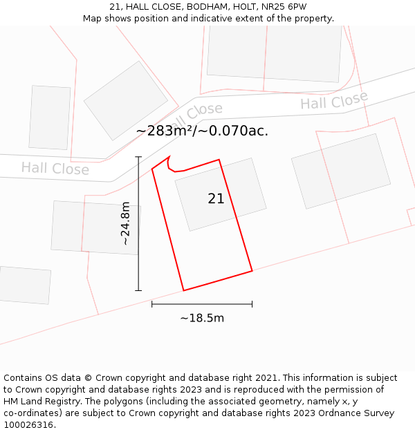 21, HALL CLOSE, BODHAM, HOLT, NR25 6PW: Plot and title map