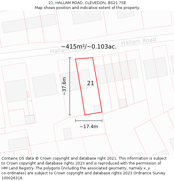 21, HALLAM ROAD, CLEVEDON, BS21 7SE: Plot and title map