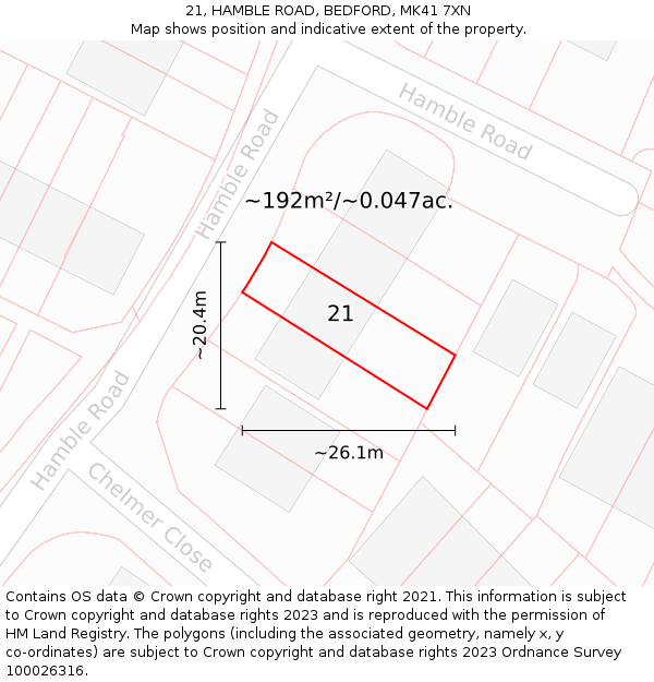 21, HAMBLE ROAD, BEDFORD, MK41 7XN: Plot and title map