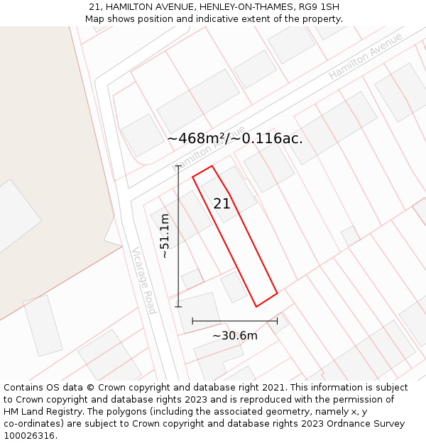 21, HAMILTON AVENUE, HENLEY-ON-THAMES, RG9 1SH: Plot and title map