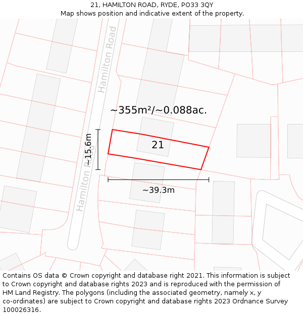 21, HAMILTON ROAD, RYDE, PO33 3QY: Plot and title map