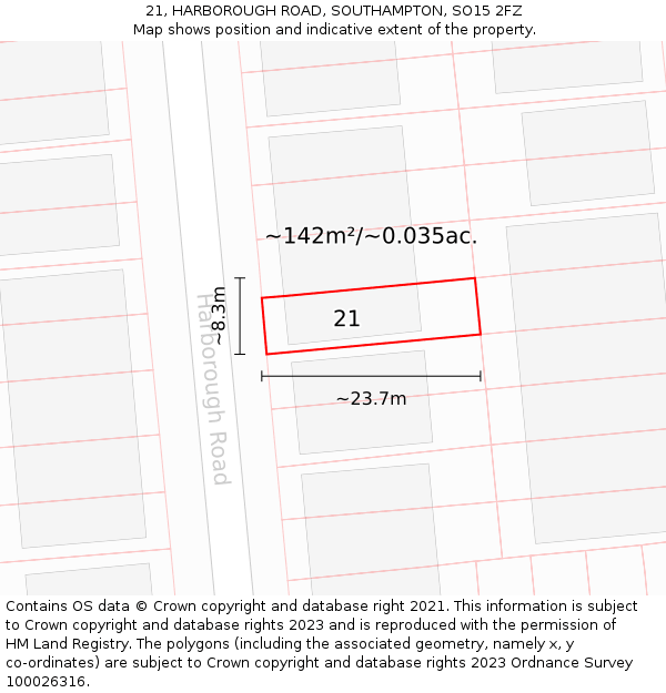 21, HARBOROUGH ROAD, SOUTHAMPTON, SO15 2FZ: Plot and title map