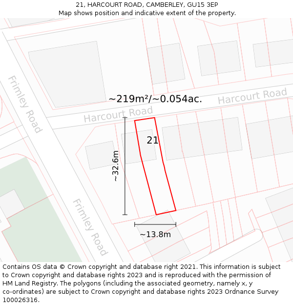 21, HARCOURT ROAD, CAMBERLEY, GU15 3EP: Plot and title map