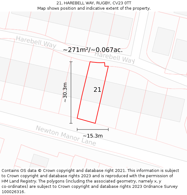 21, HAREBELL WAY, RUGBY, CV23 0TT: Plot and title map