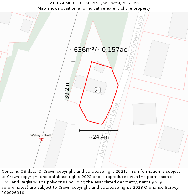 21, HARMER GREEN LANE, WELWYN, AL6 0AS: Plot and title map