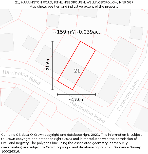 21, HARRINGTON ROAD, IRTHLINGBOROUGH, WELLINGBOROUGH, NN9 5GP: Plot and title map