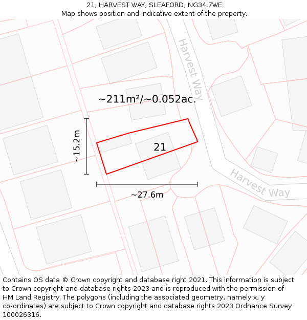 21, HARVEST WAY, SLEAFORD, NG34 7WE: Plot and title map