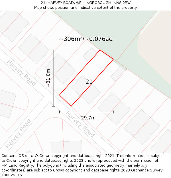 21, HARVEY ROAD, WELLINGBOROUGH, NN8 2BW: Plot and title map