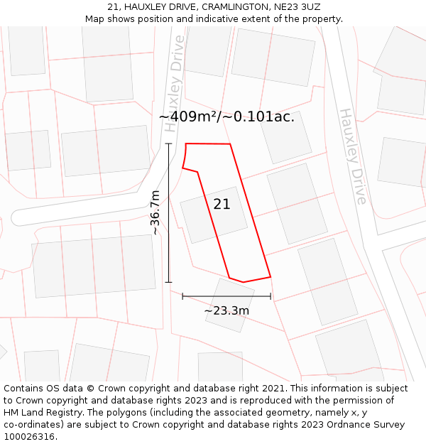 21, HAUXLEY DRIVE, CRAMLINGTON, NE23 3UZ: Plot and title map