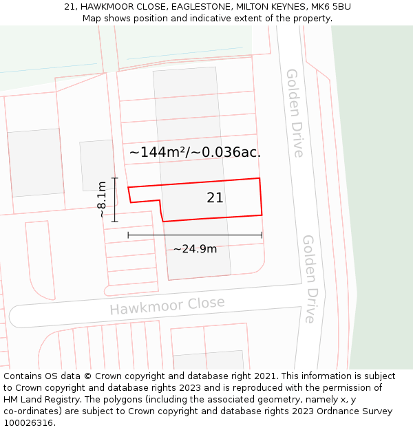 21, HAWKMOOR CLOSE, EAGLESTONE, MILTON KEYNES, MK6 5BU: Plot and title map