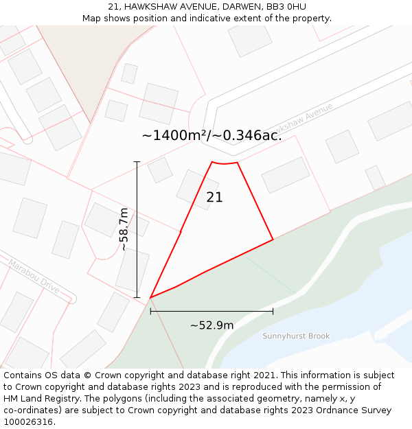 21, HAWKSHAW AVENUE, DARWEN, BB3 0HU: Plot and title map